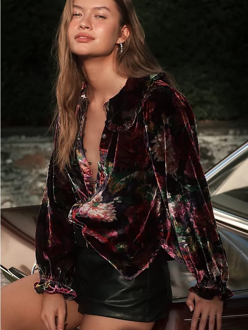 Free People Boho Velvet Floral Blouse Ruffle Collar Statement Top